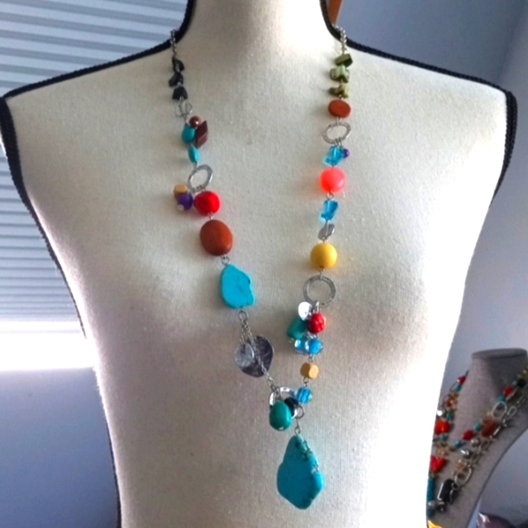 NWT Bocar. Silver Tone . Mix Materials Colorful Long Necklace. - Picture 2 of 14